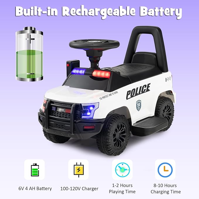 Costzon Police Car Ride On, 6V Battery Powered Electric Kids Ride On with Megaphone, Lights, Siren, Under Seat Storage, Toddler Push Car, Ride On Toys for Toddlers 1-3 Boys Girls (White)