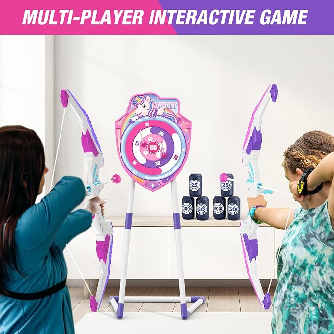 HYES 2 Pack Bow and Arrow for Kids 4-6, LED Light Up Archery Set with 24 Suction Cup Arrows, 1 Unicorn Standing Target, 6 Score Targets & 2 Quiver, Indoor Outdoor Sport for Girls Ages 8-12