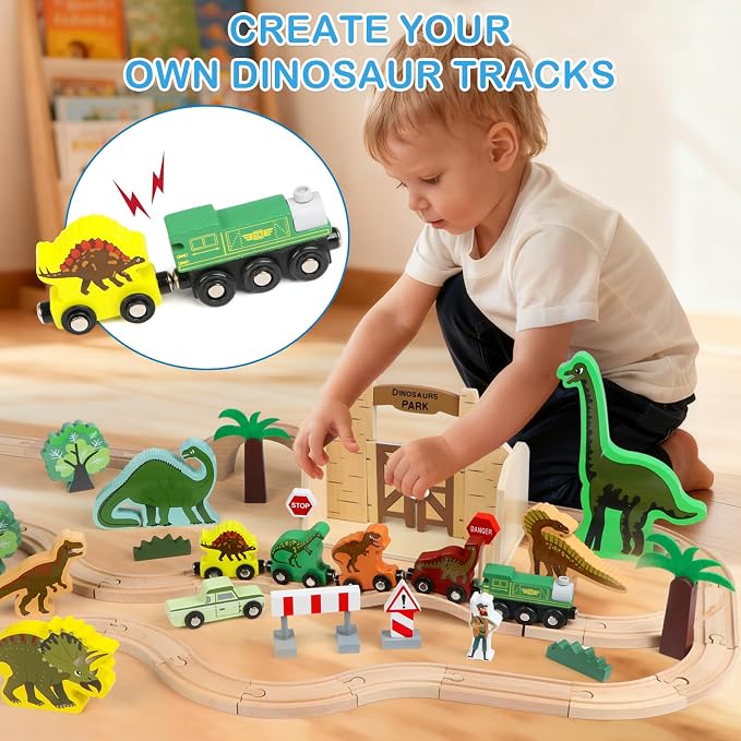 Wooden Train Set, Dinosaur Toys for Kids 3-5, Compatible with Major Brands, Dinosaur Train, Ideal Wooden Dinosaur Train Track Set for 3 4 5 6 7 8 Year Old Kids Boy Girl