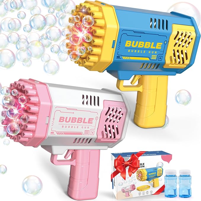 Dolanus Bubble Gun 2 Pack with 2 Bottles Bubble Solution, 40-Hole Light Up Dip Bubble Machine for Kids, Bubble Toy for 3 4 5 6 7 8 Years Old Boys Outdoor Indoor Kid Birthday Wedding Party(Blue&Pink)
