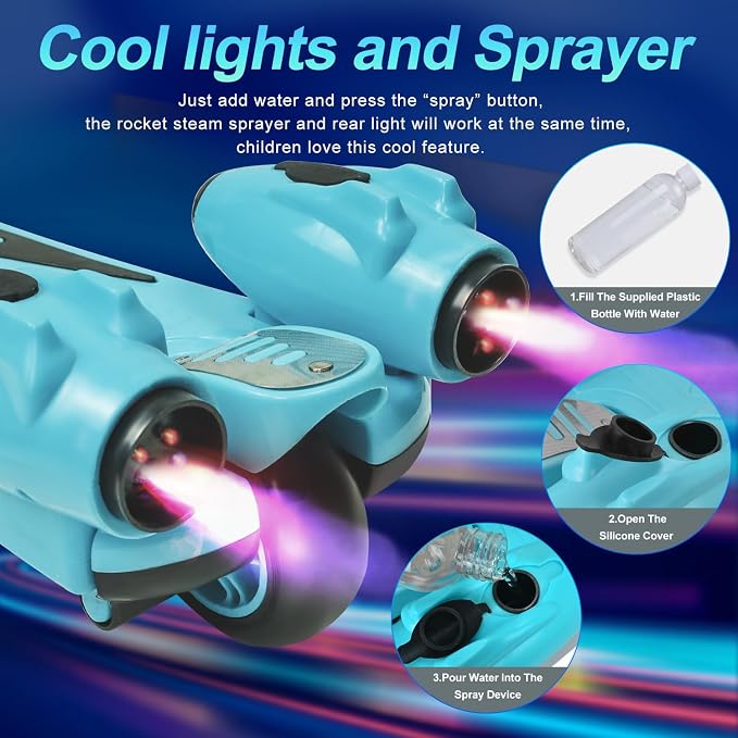 3 Wheel Scooter for Kids, Toddler Scooter with Bluetooth Music Speaker Steam Sprayer LED Lights Aluminum Alloy T-Bar, Folding Kick Scooters for Boys Girls Ages 3-10