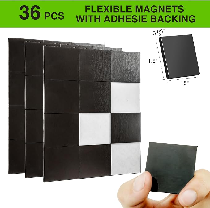 Magnetic Squares with Adhesive Backing(36PCS Each 1.5" x1.5"),Pre-Cut Self Sticky Magnets as Back to School Supplies,Peel and Stick for Cards/Picture/Poster (80mil Magnet)