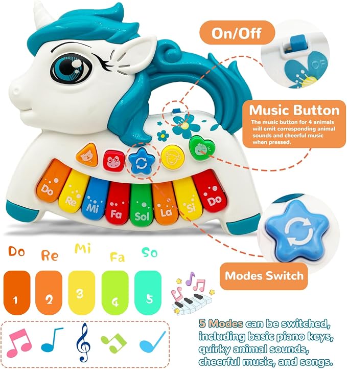 Baby Music Toys for Toddlers, Light Up Music Baby Toys for 18+ Months Early Learning Educational Piano Keyboard Infant Toys Baby Boy Girl Gifts (Unicorn-Blue)