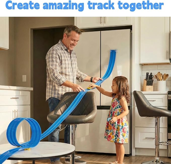 Flexible Race Track 16.5 Ft for Kids Starter Set, Race Car Ramp Track with Suction Cups, Compatible with 1:64 Scale Diecast Cars, Portable Rolls up Race Tracks, Gift for Boys & Girls Ages 3-8, Blue