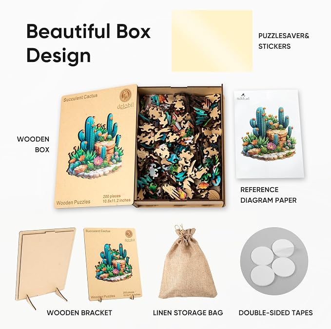Delobil Succulent Cactus Wooden Puzzles for Adults, 200 Pieces Jigsaw Puzzles, Unique Shaped Medium Size Liberty Wood Puzzle Gift for Adults and Kids, Family Game 11.2'' x 10.8''