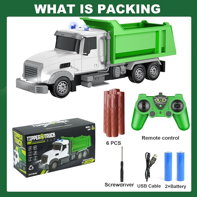 Remote Control Construction Dump Truck Toy RC Vehicle,6 Channel Truck Toys with 6 pcs Wood,2 Rechargeable Batteries,1/24 Scale Dump Trucks，Birthday Gifts Ideas for Boys Age 3-8 Year Old