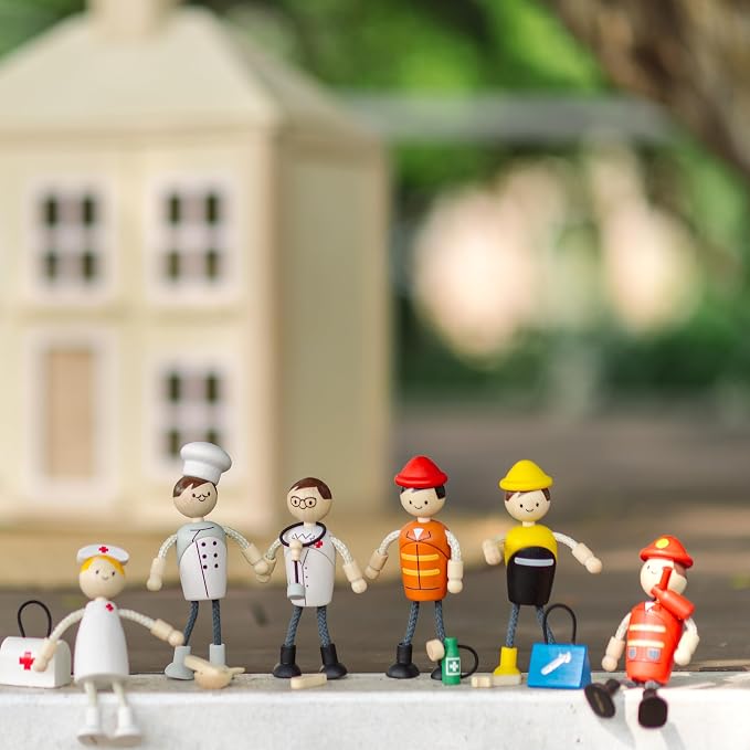 PlanToys® Wooden Firefighter Doll | Poseable 1:12 Scale Figure for Dollhouse Play, Rescue Missions & Emergency Scenarios | Eco Friendly Montessori Pretend Play Figure