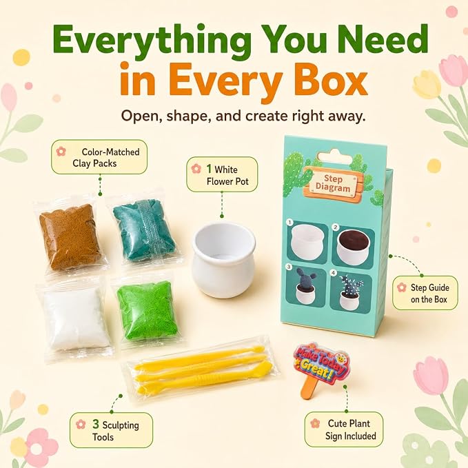 Air Dry Clay Kit for Kids, 12 Plants Modeling Magic Clay Sculpting Tools | Ultra-Light & Soft, Safe and Non-Sticky, DIY Flower Arts Craft Set, Home Party Favors Birthday Back to School Gift for Age 3+