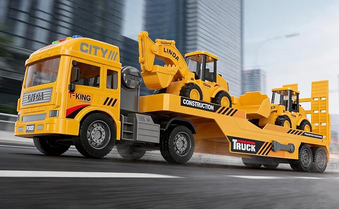3-in-1 Excavator Bulldozer Engineering Semi-Truck Toy Set for Boy Gift Age 3 4 5 6 7 Large Transport Vehicle Road Trailer Truck Loader Kids Play Inertia Construction Toy Toddlers Digger Sound Light