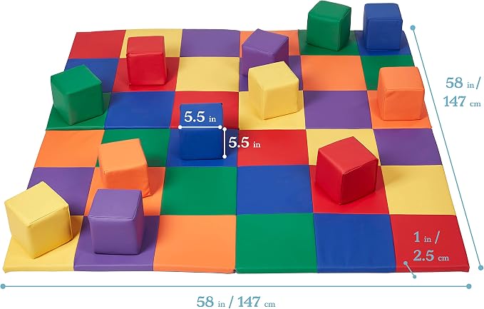 ECR4Kids SoftZone Patchwork Toddler Activity Mat and 12 Stacking Block Set, Colorful Baby Crawling and Tummy Time Foam Pad and Building Blocks, Padded Infant Floor Mat, Foldable Design