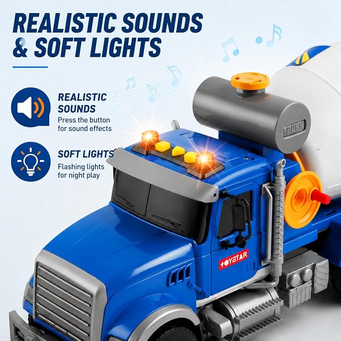 14" Blue Large Cement Mixer Truck Toy, Toddler Truck,for Boys Girls 3 4 5 6 7 8 Years Old,with Lights & Sounds,Holiday and Birthday Gift