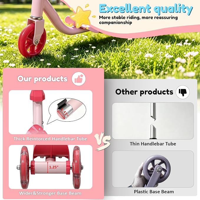 Three Wheel Scooter for Kids 2-5, Light Up Princess Scooters with Handleber-Steer, Adjustable Height Kick Scooters for Boys & Grils, Indoor and Outdoor Use