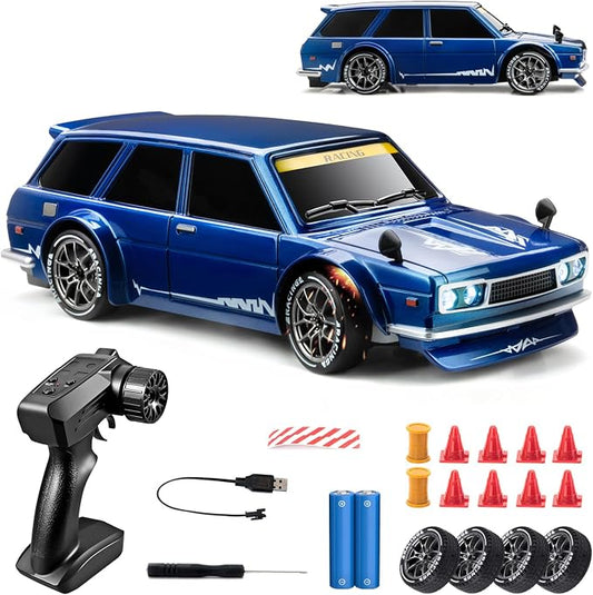 RC Drift Car, 1/24 Remote Control Drift Car for Adults Kids, 20KM/H 4WD Low/High Speed RC Cars with LED Lights, Extra Drifting Tires, Vehicle for Boys Girls Beginners Indoors Outdoors Blue