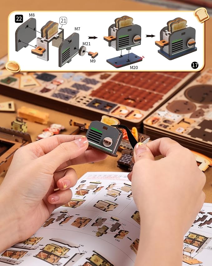 CUTEBEE 3D Wooden Model Building Kit Music Box - DIY Diorama Kit with LED Light, Music, Atomization Smoke, Type-C Power & 360° Rotating Display, Home Decor, Gifts for Teens & Adults (Bread Factory)