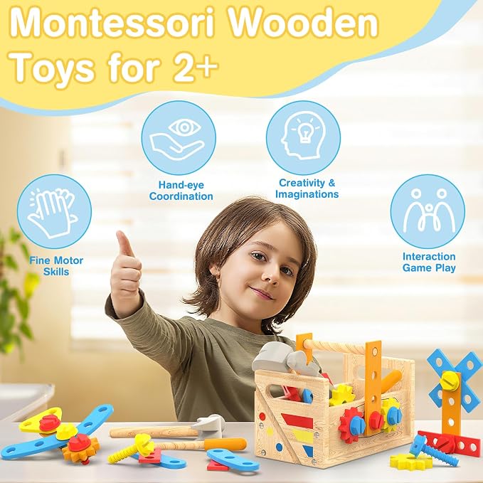 Montessori Toys for 2 Year Old Boy - Wooden Kids Tool Set with Apron | Toddler Bench STEM Educational Construction Toy for Ages 2-4, Pretend Play Birthday Gifts for Girls