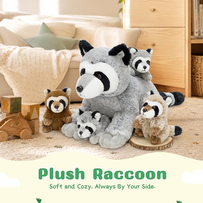MaoGoLan 5pcs Raccoon Plush, 22 inch Large Mommy Raccoon Stuffed Animal with 4 Babies, Realistic Cute Stuffed Animal Toys for Boys Girls Kid, Christmas Birthday Gift