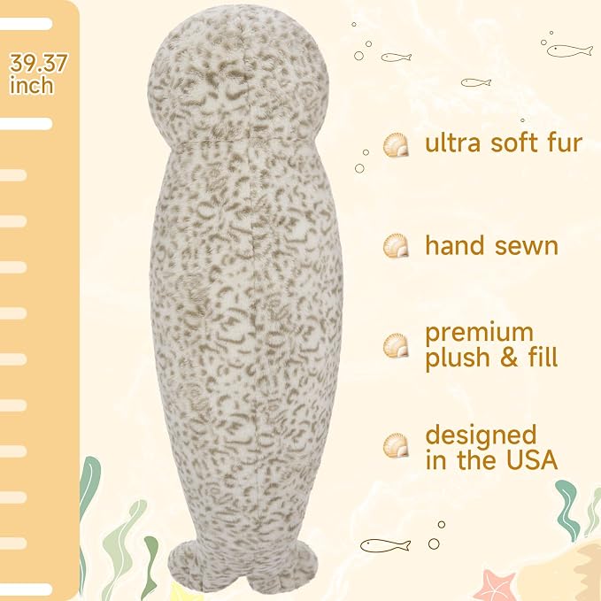 Tezituor 39 inch Giant Seal Stuffed Animal, Long Seal Plush Body Pillow, Hugging Soft Stuffed Ocean Seal Plush for Sleeping Kids Girlfriend