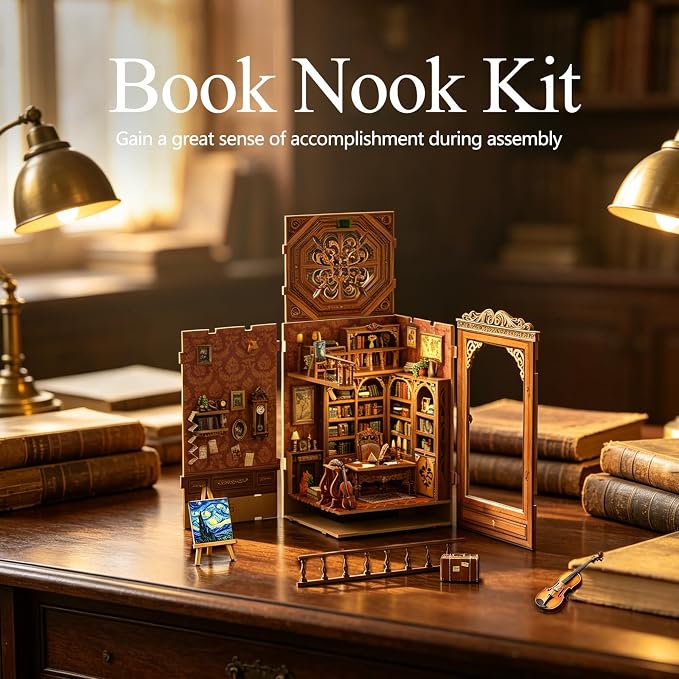 DIY Book Nook Kit for Adults and Teens,Retro Nostalgia Booknook DIY Miniature Dollhouse kit with LED Light,Mini 3D Wooden Jigsaw Bookend Decor,Gifts for Family Friends- Time Book House(SQ-47)