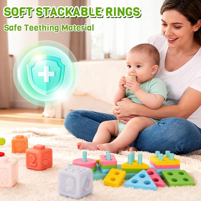 Montessori Baby Toys for 6-12 Months,Babies Travel Toy Set with Stacking Blocks, Pull Teether, Sensory Shape Sorter, Drawing Board & Harmonica, Infant Learning Gift for Toddler 1-3 Year Old