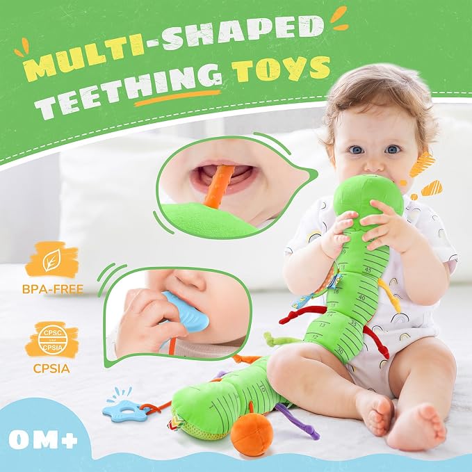 AWOTOY Baby Toys Sensory Music Caterpillar Stuffed Animal Infant Toys,Green | Teething Toys 0-3-6-12 Months Tummy Time with Mirror Crinkle Rattle&Pull String for Newborn Boys Girls Shower Gifts Birthday