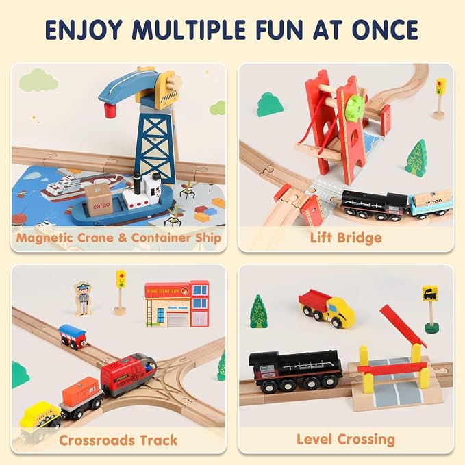 Qilay 121PCS Wooden Train Set with Storage Bag - Busy Port City Wooden Train Track Set Toy for Kids Ages 3+, Compatible with Major Brands, Great Birthday Railway Playset Gift for Boys & Girls