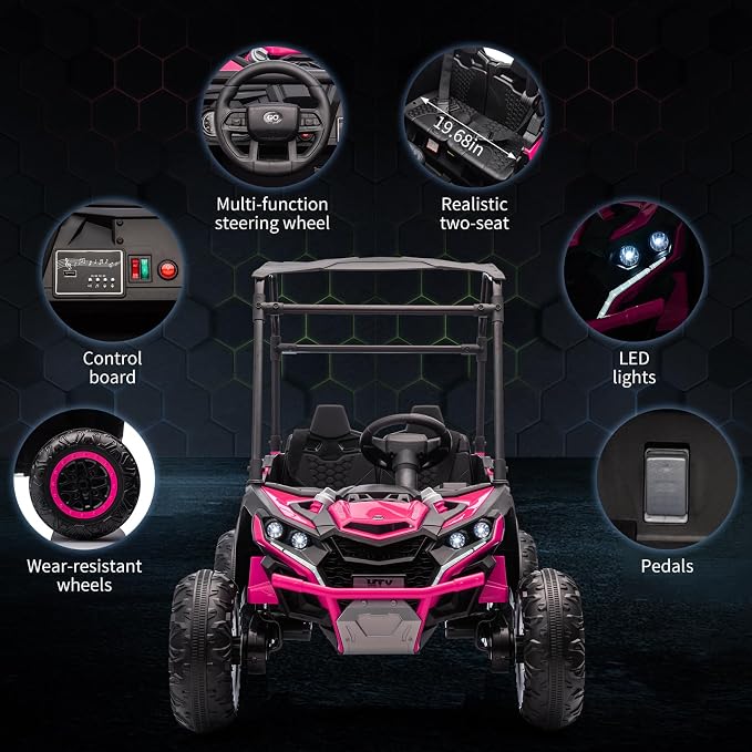 Garvee 24V 2-Seater Kids Ride on Car with Remote Control 4WD Electric Truck with Sun Shade Ride on Toy Off-Road UTV with 4-Wheel Shock Absorber, LED Lights, Music