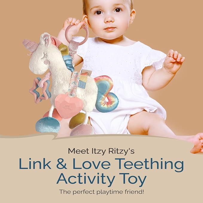 Itzy Ritzy Link & Love Toy for Stroller or Car Seat – Features Textured Ribbons, Crinkle Sounds, Clinking Rings & Silicone Teether – Designed For Ages 0 Months and Up (Unicorn)