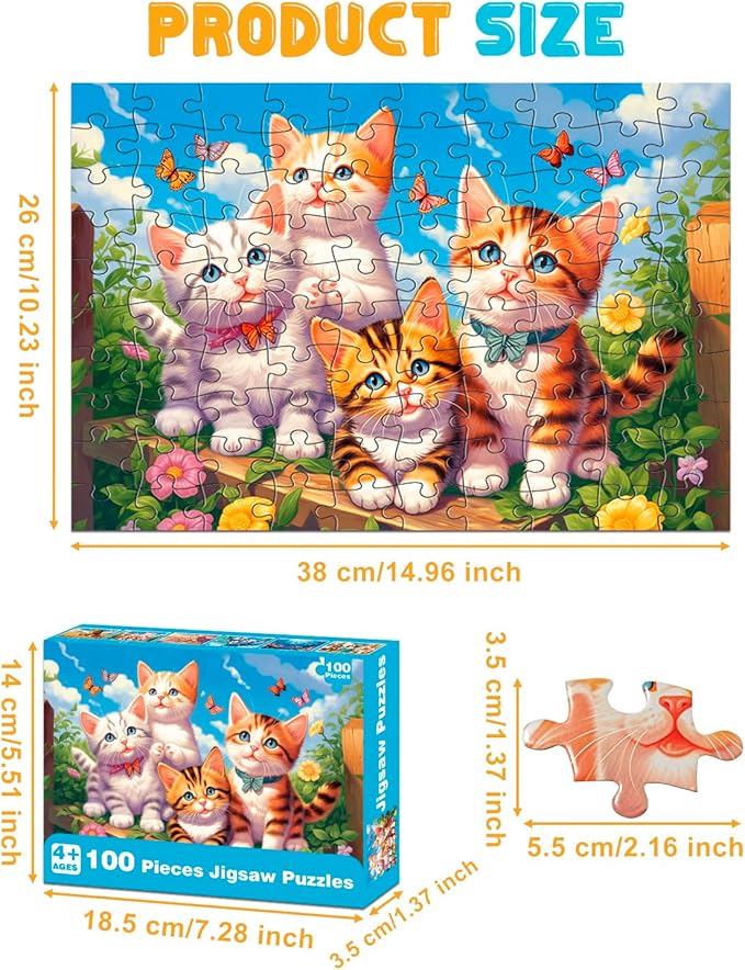 Yigney 100 Piece Puzzles for Kids - Ages 4-6 6-8 8-10 Year Old - Lions, Cats, Pandas, Tigers, Dogs, Turtles, 6-Pack Jigsaw Puzzles for Kids Learning Educational Toys for Boys and Girls