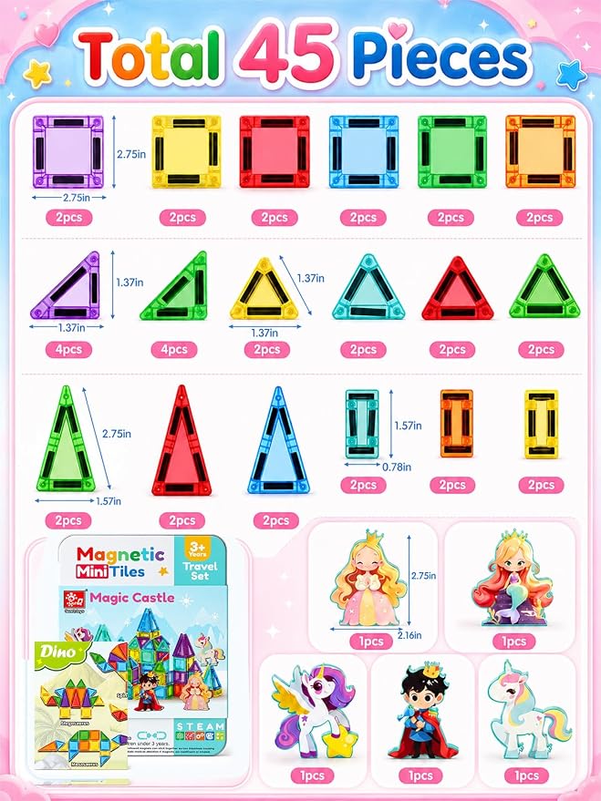 45PCS Mini Magnetic Tiles for Kids Ages 3-8, Travel Magnetic Building Blocks Set with 5 Fairytale Figures, STEM Toys for Girls Boys, Portable Tin Case, Princess Unicorn Magic Castle