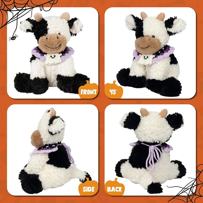 Hopearl Adorable Halloween Plush Cow Toy with Knitted Cute Ghost Bib Floppy Kawaii Dairy Cattle Soft Stuffed Animal Gifts for Boys Girls Kids Toddlers, 9''