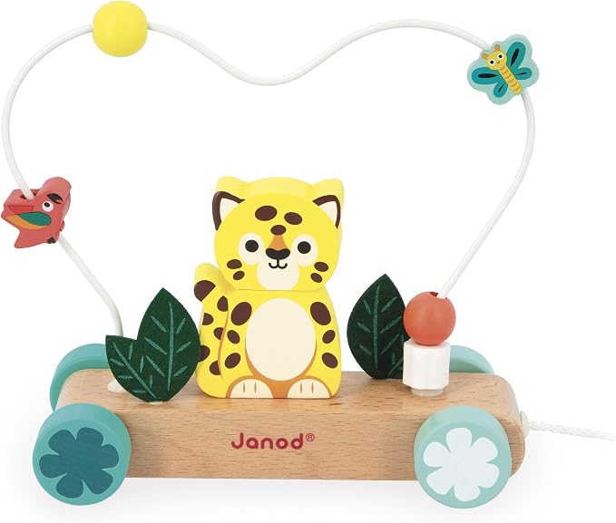 Janod - Pull-Along Tiger with Abacus Motor Skills Circuit - Wooden Pull-Along Toy - Develops Awareness, Motor Skills and Imagination - from 12 Months - J08281
