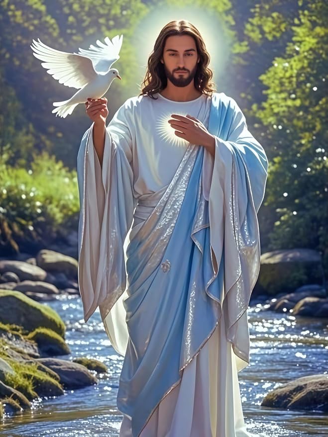 CHWGLFGG Jesus White Dove Diamond Painting Kit for Adults, Religious 5D Full Round Drill Diamond Art Beginners Canvas for Home Wall Decor, DIY Paint by Diamonds Dot Gem Craft12x16 Inch