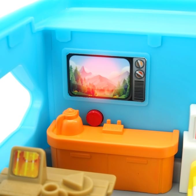 Kiddieland Happy Camper Motorized Toy RV with Lights & Sounds, Auto-Stop Action, Engine Revs & Horn, Interactive Buttons & Light-Up TV, for Toddlers Ages 1+
