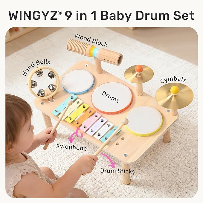 WINGYZ Kids Drum Set – 9-in-1 Montessori Toys for 1-3 Year Old & Wooden Musical Instruments for Toddlers, Baby Musical Toys with Drums, Xylophone, Helps Hand-Eye Coordination, Gift for 1-3 Boys Girls