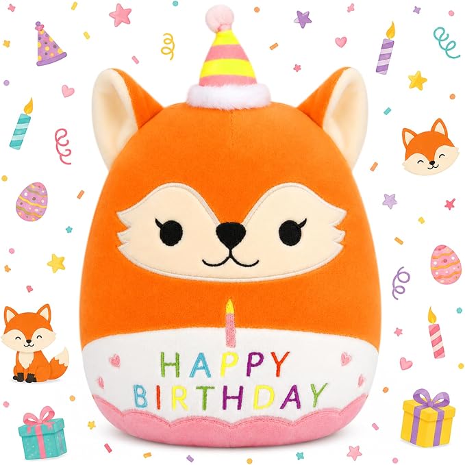 Fox Plush Toy - 10inch Cute Birthday Stuffed Animal Fox Plush Pillow, Soft Kawaii Fox Birthday Gifts Plushie Doll Stuffy Toys Party Decoration for Kids Girls and Boys