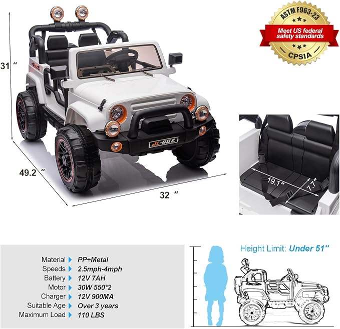 2 Seater Ride On Truck and Car Cover, 12V Children's Electric Car with Parental Remote Control, Music, Bluetooth, MP3 Player, LED Lights, Spring Suspension, White