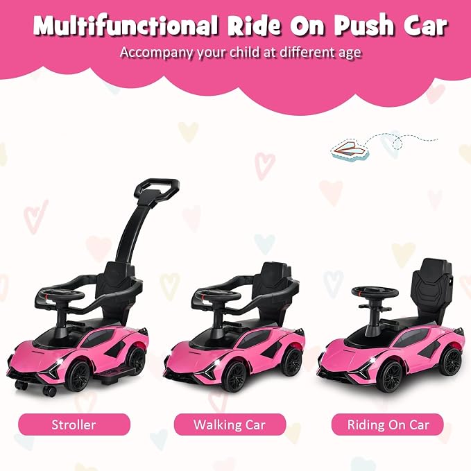 INFANS 3 in 1 Ride on Push Car, Licensed Lamborghini Baby Stroller Sliding Walking Car with Parent Control Handle, Music, Headlight, Under Seat Storage, Kids Foot-to-Floor Toy for 18-60 Months (Pink)