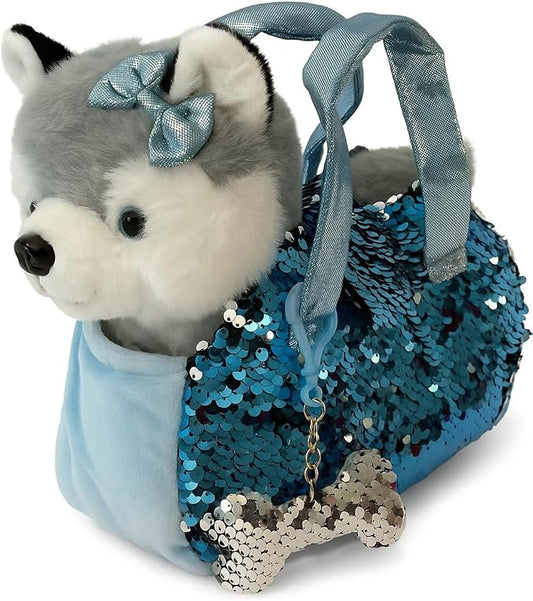 Little Jupiter Pet Plush Set with Purse w/Reversible Sequins & Charm - Stuffed Animal Toy for Kids Ages 3-7 Years - Stuffed Animal Purse - Stuffed Animals for Girls - (Husky Dog)