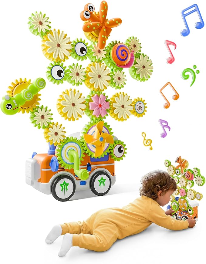 LIGHTDESIRE Toddler Toys Montessori Musical Train Set Gear Building Toys | Creative STEM Toys for 3 4 5 6 Years Old,Electric Rotating Gear Flower Learning Toys,Birthday Gifts for Toddler Girl Boy