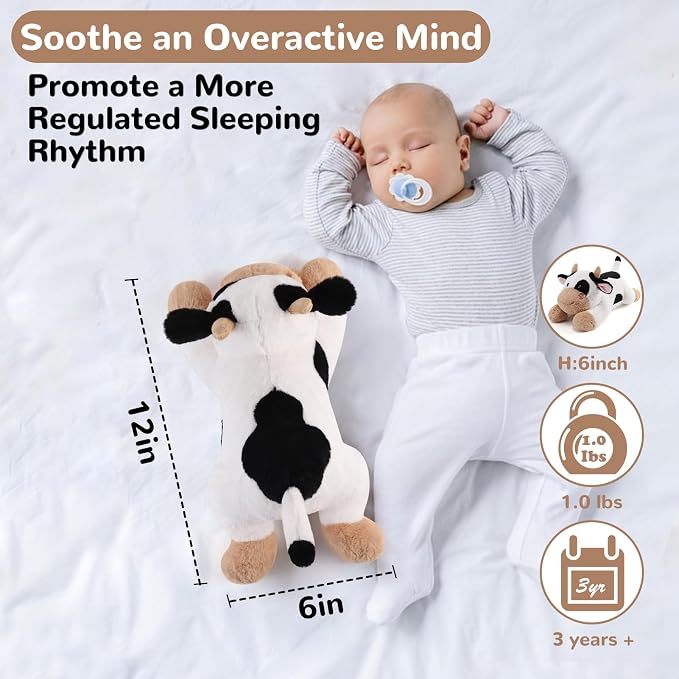 gnomantic Cow Weighted Stuffed Animals - 12 Inch 1.0 Pounds Weighted Plushies Cow Stuffed Animals - Small Plush Pillow - Cute Plush Toys Gifts for Kids & Adults (12" 1.0 lbs Black)