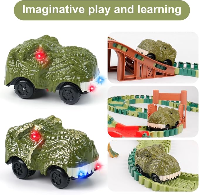 2-Pack Dinosaur Track Car Toy for Kids - Best Birthday Gifts for 3 4 5 6 7 Year Old Boys, LED Light-Up Dino Track Cars, Compatible with Most Dinosaur Race Track Sets
