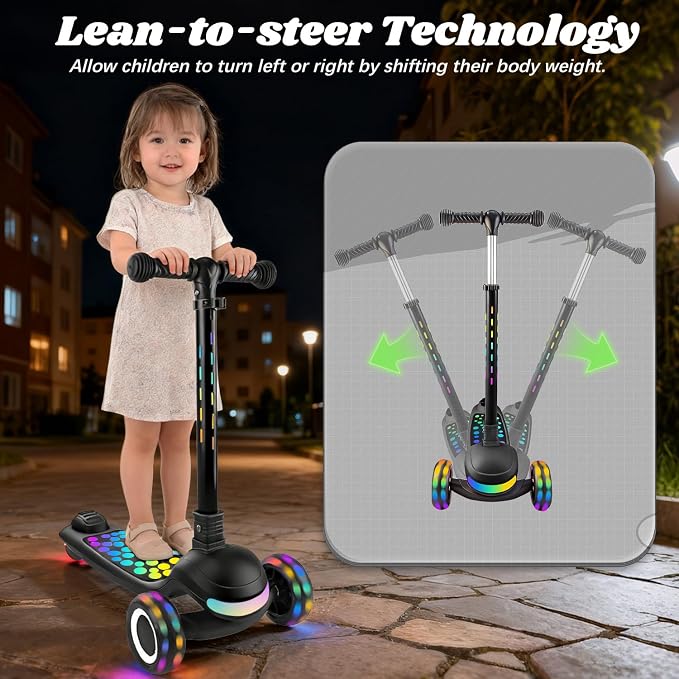 Light Up 3 Wheel Kick Scooter for Kids Toddlers with LED Sync Lights, Flashing Stem & Wide Polka Dot Deck Adjustable Height Music Function Safe Sturdy Folding Scooter for Kids