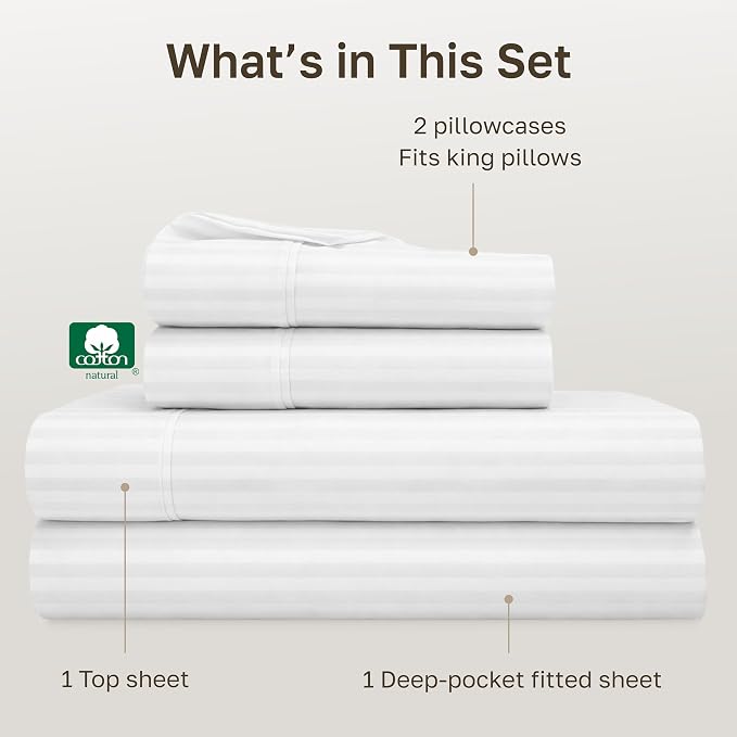 California Design Den Soft 100% Cotton King Sheet Set, 400 TC Good Housekeeping Award Winner, Silky Smooth Sateen Weave with Deep Pockets, Breathable and Durable Cotton Bedding Set - Striped White