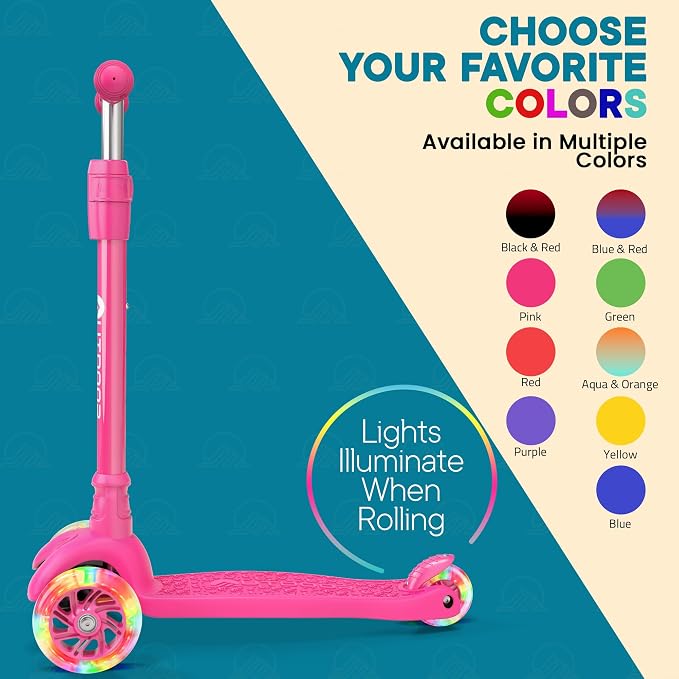 Outdoor Cruiser 3-Wheel Kids Scooter – with Lean-to-Steer Technology, Wide Deck, Led Lighted Wheel, 4-Level Adjustable Height T-bar Handle, Support Kids Up to 150 Lbs, for Boys & Girls Ages 3-8, Pink