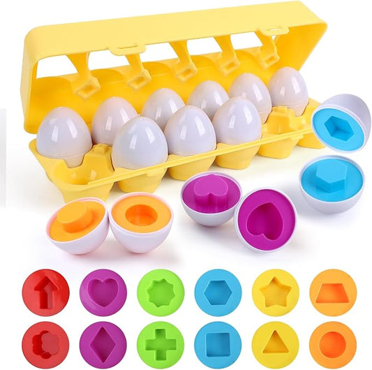 USATDD Matching Eggs for Toddlers Montessori Geometric Eggs Color & Shape Recognition Toy, Fine Motor Skills Shape Sorter Puzzle, Easter Eggs Toys Gifts for Kids, Easter Basket Stuffers