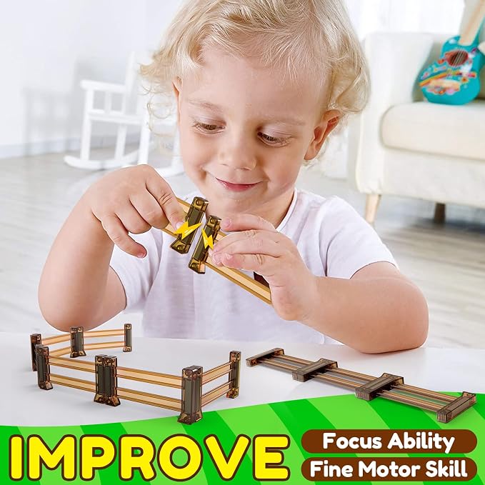 Oriate Farm Animals Fences Magnetic Tiles, 18pcs Magnet Fencing Compatible Garden Farming Zoo Dinosaur, Kids Magnetic Structural Construction Magnets Tile Building Blocks Horse Toys Accessory