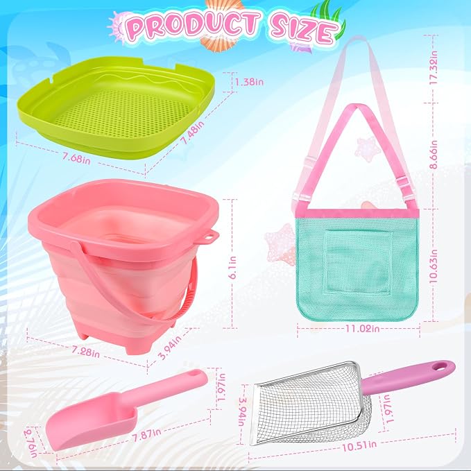Beach Shell Collecting Set, Sand Toys with Collapsible Bucket, Shark Tooth Sifter, Sand Sifter, Mesh Bag, Outdoor Exploration Tools & Treasure Hunt Toys for Kids, Family Beach Vacation Essentials