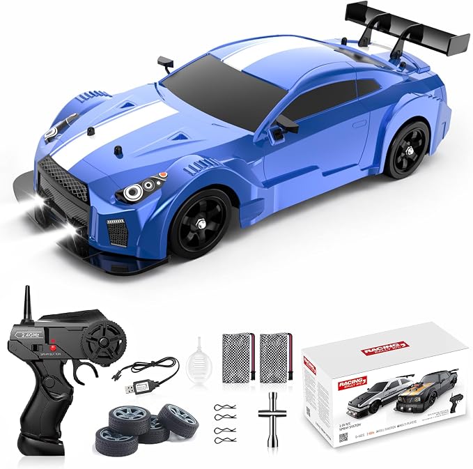Remote Control Car RC Drift Car 1:16 Scale 4WD 18KM/H High Speed Model Vehicle 2.4GHz with LED Lights Spray Rubber Tire Racing Sport Toy for Adults Boys Girls Kids Gift 2Pcs Rechargeable Batteries