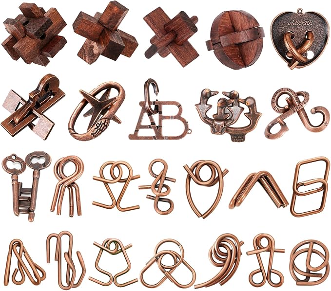 24 Pcs Brain Teaser Puzzles for Adults - Metal & Wooden 3D IQ Test Logic Game, Unlock Interlocking Brain Puzzle Toys for Teens Kids, Smart Educational Desk Toy for Mind Challenges