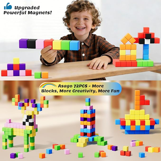 72pcs Magnetic Blocks for Kids, Magnetic Building Cubes for Toddlers 3-5, Preschool STEM Educational Sensory Montessori Square Toy for 3 4 5 6 Boys & Girls 72pcs